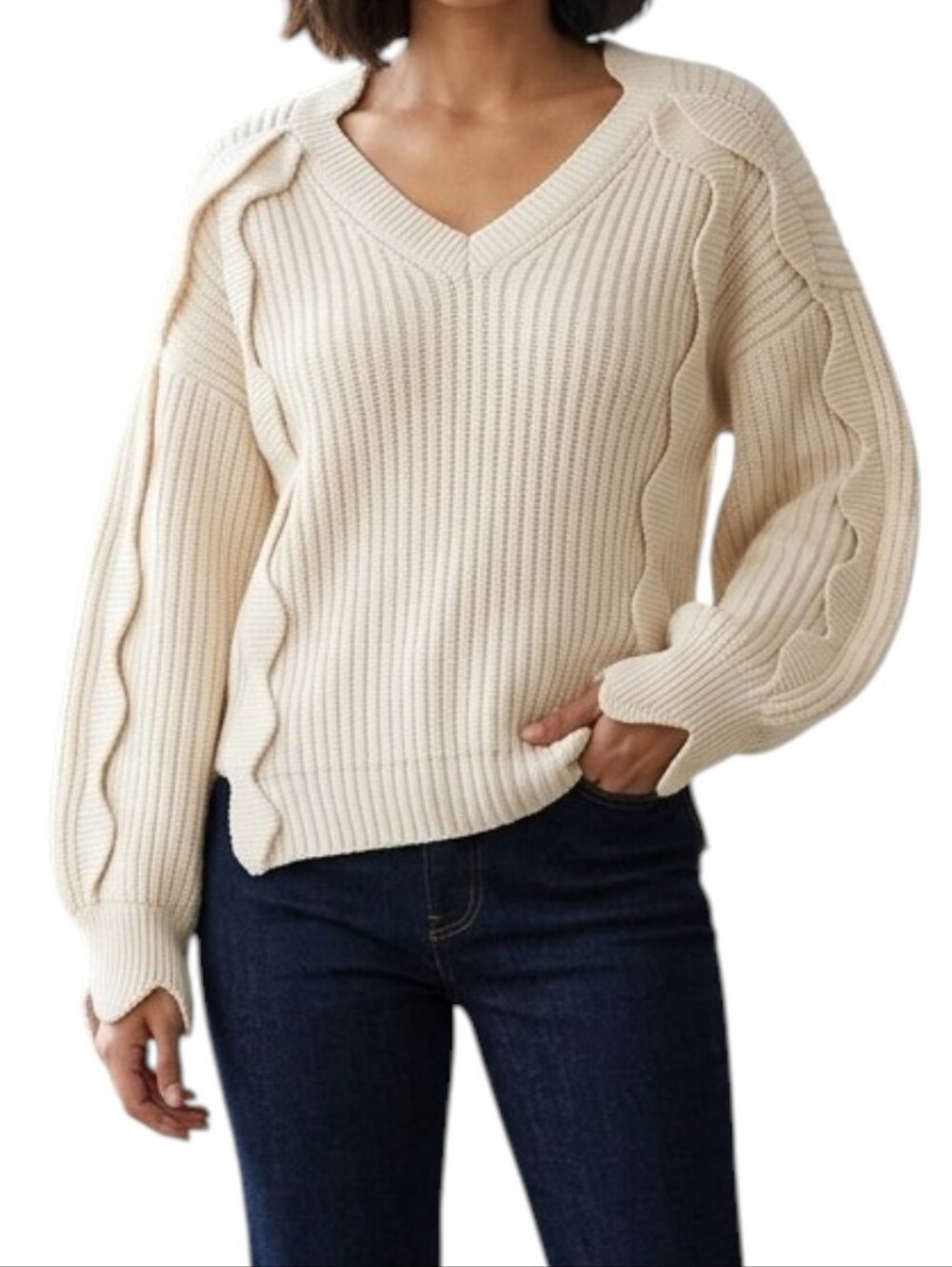 Stella McCartney Cream Scalloped Ribbed V-Neck Heavy Knit Sweater Sz 42 US 6/8